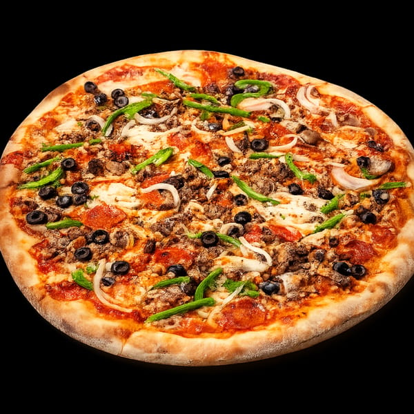 A Rocco's NY Pizzeria & Pasta pizza, topped with pepperoni, sausage, olives, onions, and green peppers.