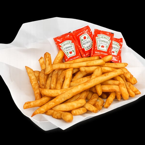 Golden french fries in a white paper tray with four red ketchup packets.