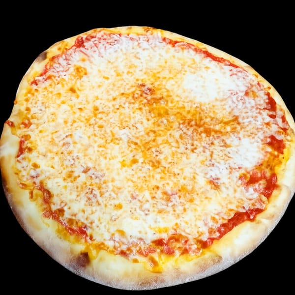 A classic Rocco's NY Pizzeria cheese pizza with melted mozzarella and red sauce on a black background.