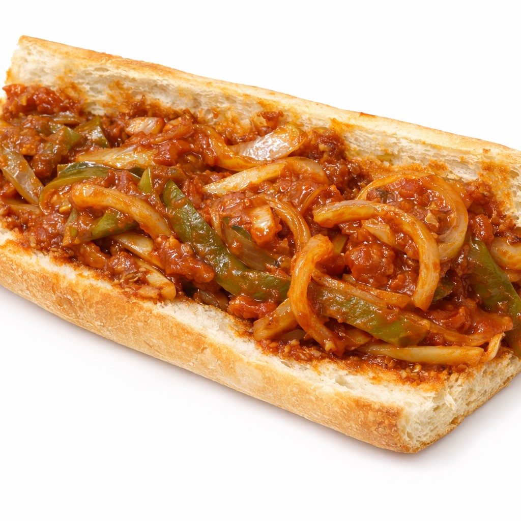Sausage, Peppers & Onions Hot Sandwich.