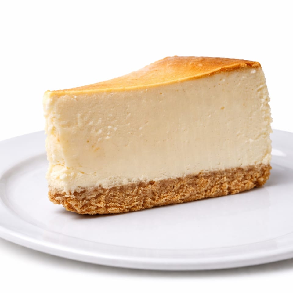 A slice of classic New York cheesecake with a golden crust on a white plate.